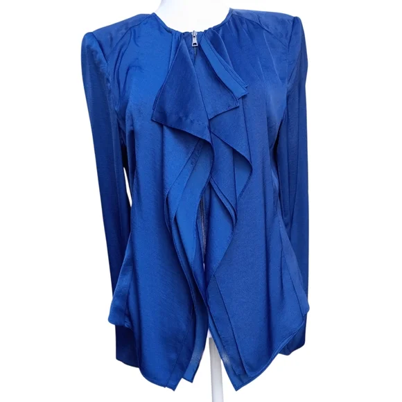 BCBGMaxAzria Flora Ruffle Silky Zip Blazer Draped Open-Front Shirt Jacket Small - Picture 3 of 11
